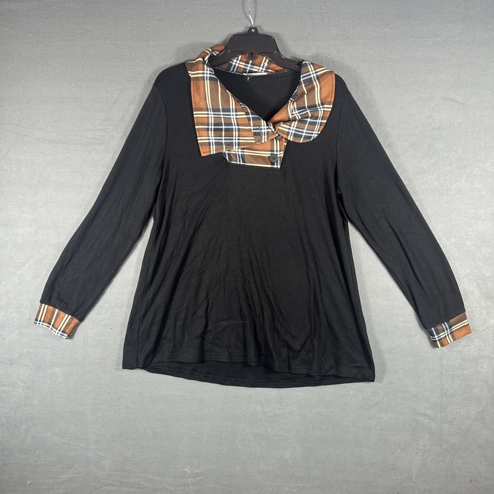 BLUETIME Women's Black‎ Long Sleeve Tunic Top Plaid Collar Cuffs Size L